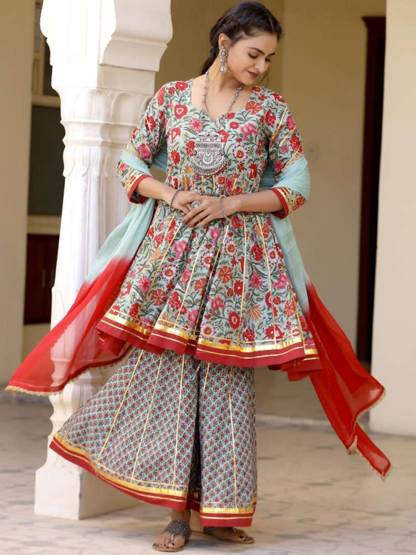 Buy Baisacrafts Women Red Panelled Gota Patti Pure Cotton Kurta with Sharara With Dupatta Kurta Sets for Women 19181490 Myntra