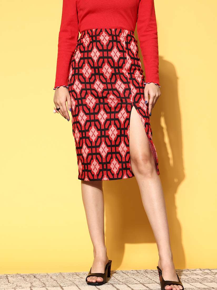 Buy SASSAFRAS Red Pink Geometric Knit Pencil Skirt Skirts for Women 19185460 Myntra