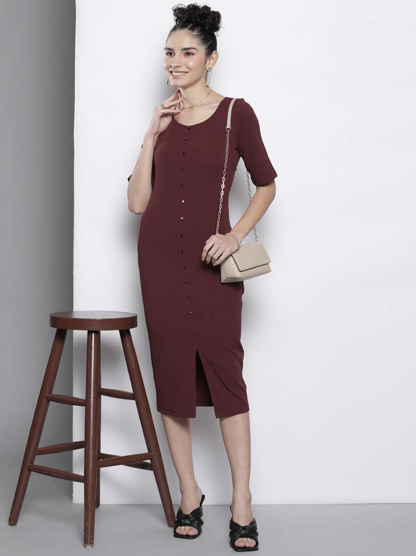 Buy SASSAFRAS Burgundy Bodycon Midi Dress With Side Slit Dresses for Women 19203016 Myntra