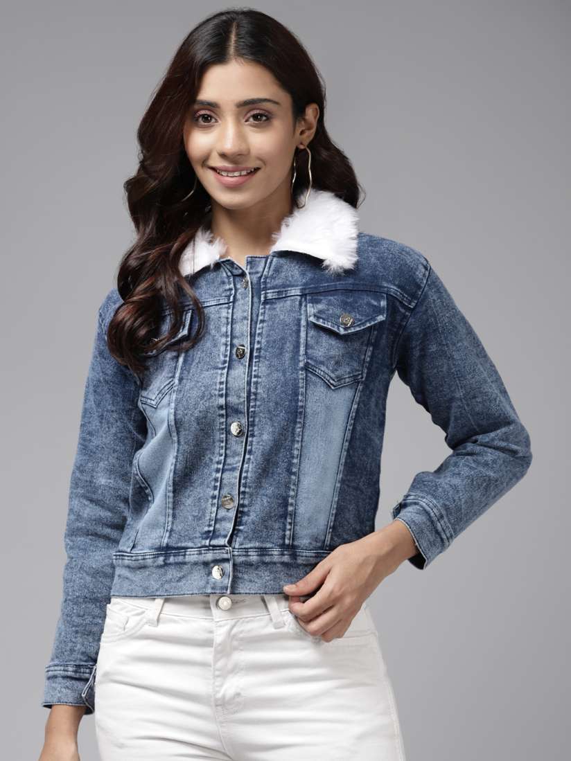 Blue fur denim jacket clearance