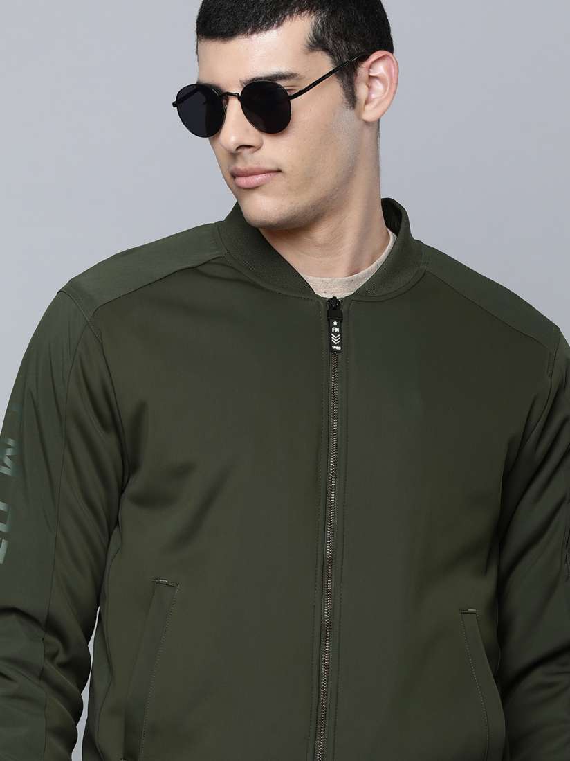 Buy Flying Machine Men Olive Green Solid Bomber Jacket with Patch Pocket on Sleeve Jackets for Men 19246296 Myntra