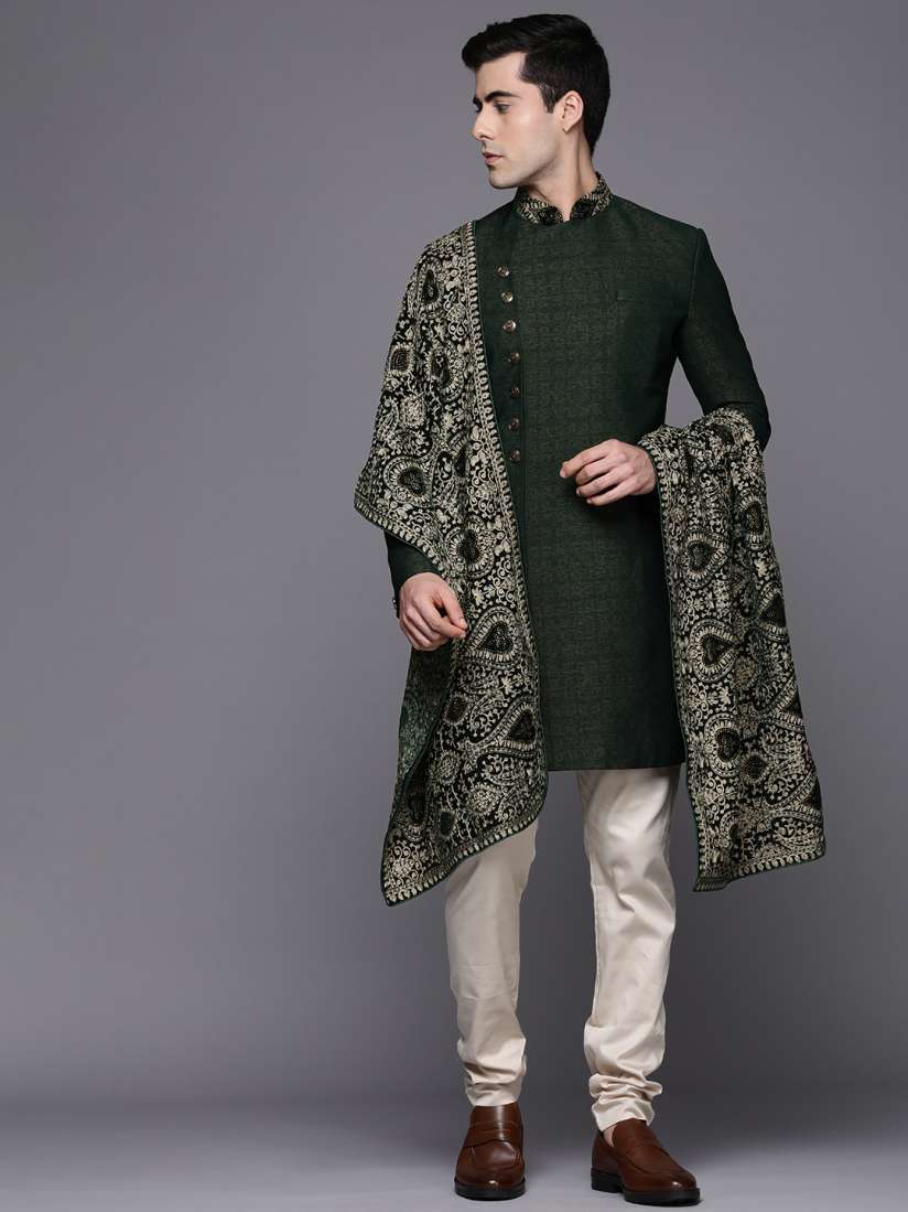 Buy Manyavar Men Green Off White Self Design Sherwani Set With Dupatta Sherwani for Men 19263188 Myntra
