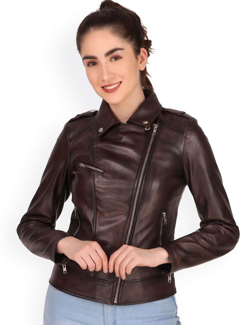 Buy Leather Retail Women Coffee Brown Leather Outdoor Biker Jacket Jackets for Women 19267194 Myntra