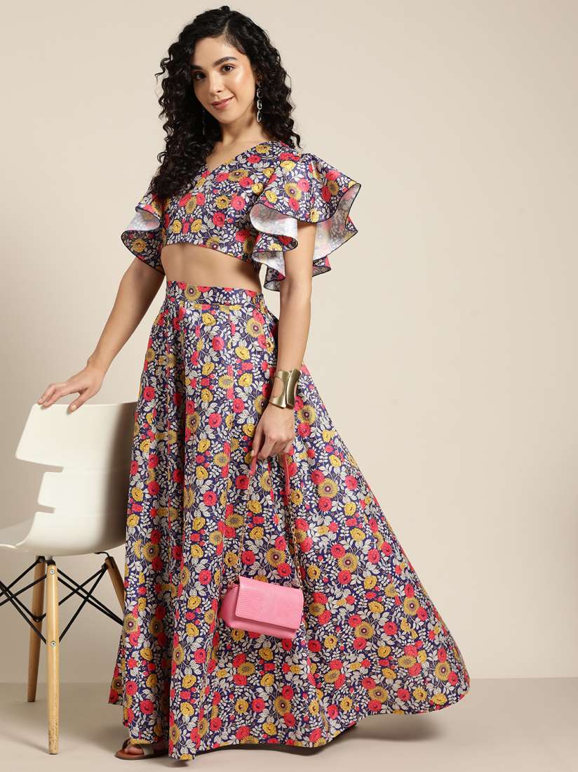 Buy Shae by SASSAFRAS Purple White Floral Printed Chanderi Crop Top With Anarkali Skirt Lehenga Choli for Women 19268508 Myntra