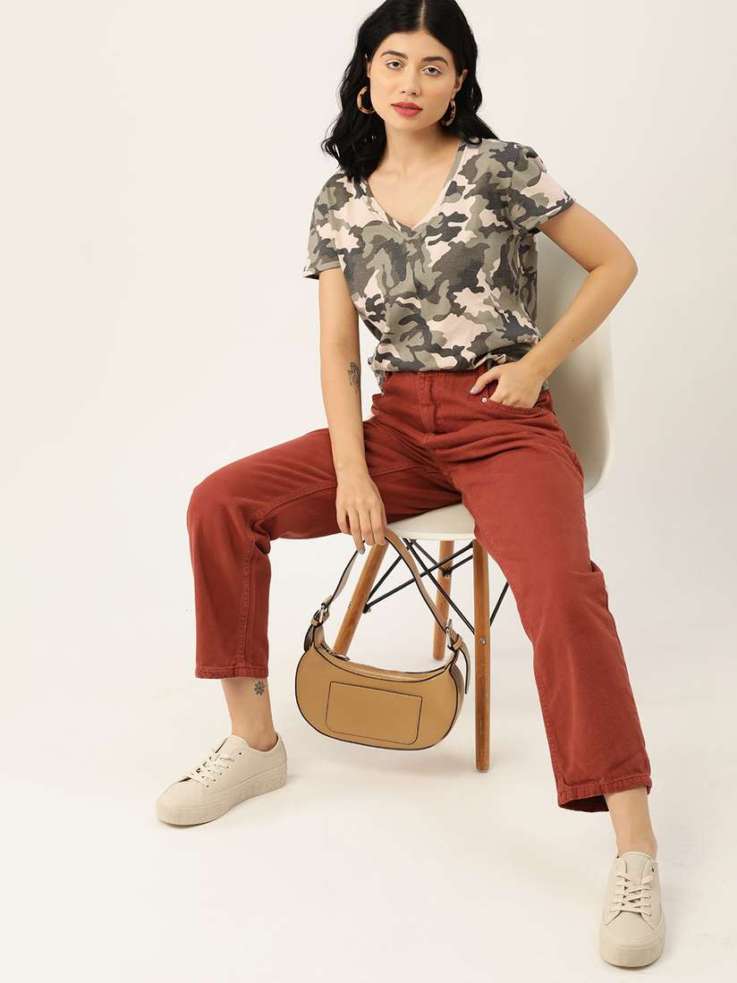 Buy DressBerry Women Olive Green Camouflage Printed V-Neck Pure