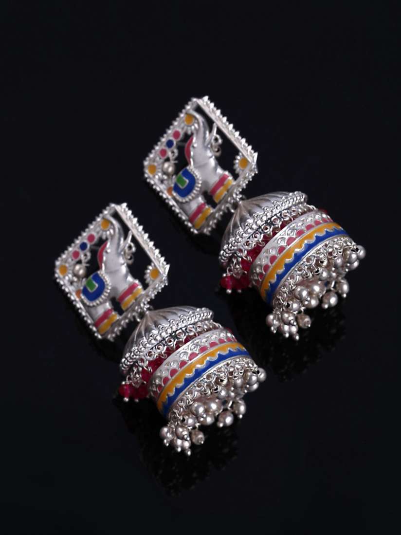Buy Studio Voylla Kalamkari Silver Plated Geometric Jhumkas Earrings for Women 1928029 Myntra