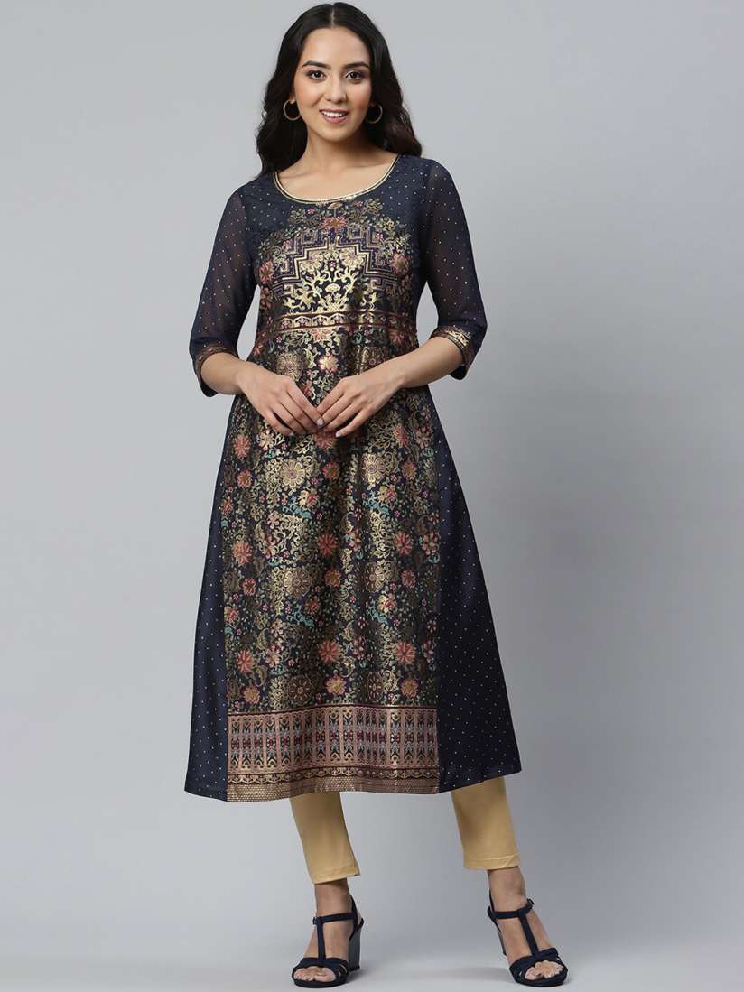 Buy AURELIA Women Blue Gold Toned Floral Thread Work Floral Anarkali Kurta Kurtas for Women 19282190 Myntra