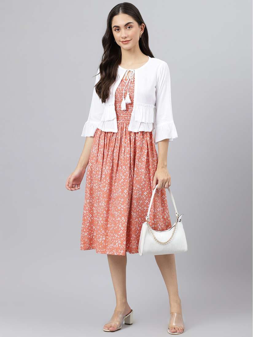 Buy DEEBACO Orange Floral A Line Dress With White Shrug Dresses for Women 19293542 Myntra