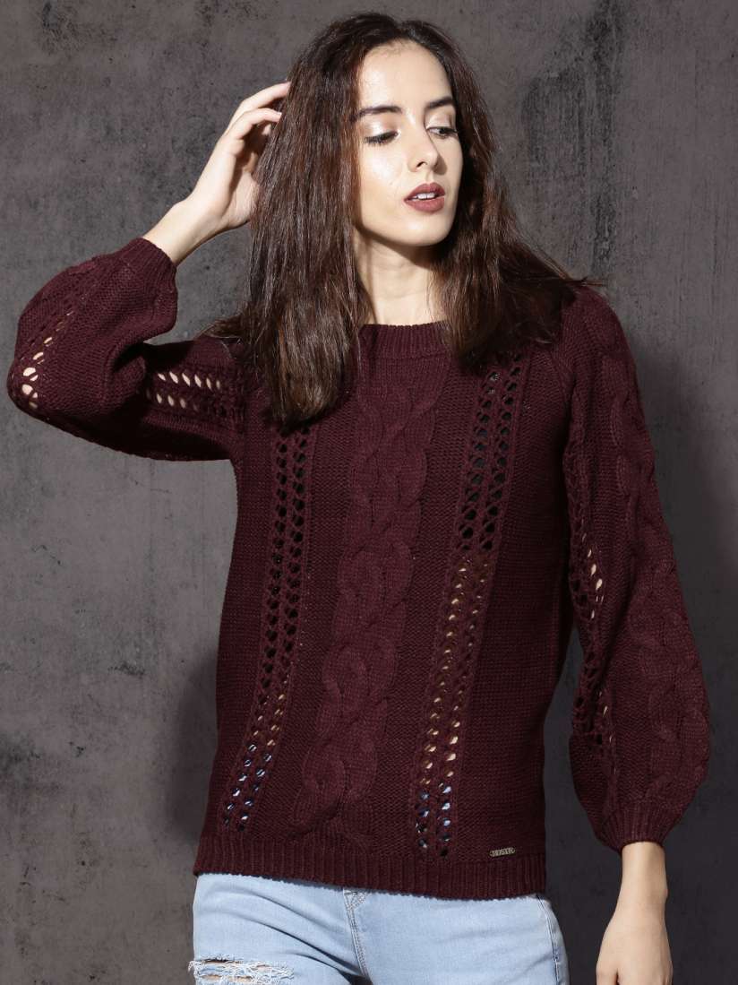 Buy Roadster Women Burgundy Self Design Pullover Sweaters for Women 1929626 Myntra