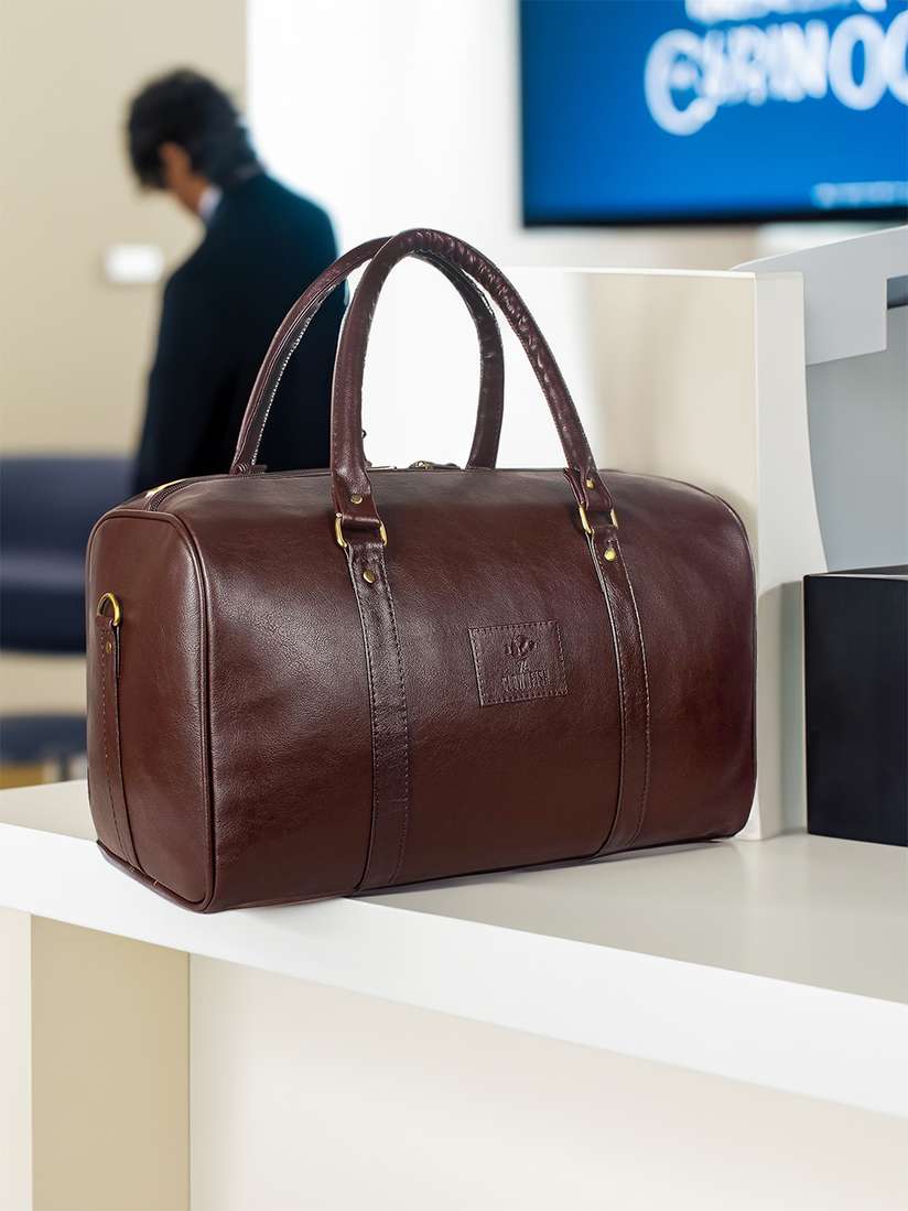 THE CLOWNFISH Meandor Unisex Brown Solid Leather Travel Duffel Bag