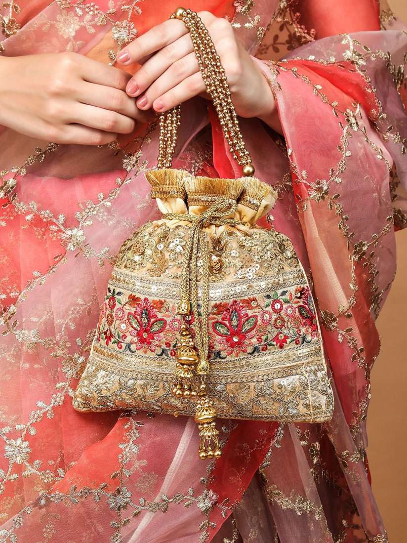 Buy Rubans Gold Embroidered Potli Bag with Red Floral Detailing and Beaded Handle Clutches for Women 19301548 Myntra