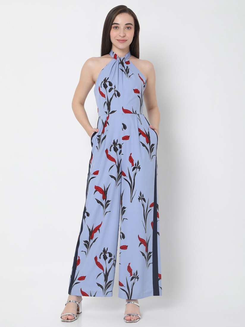 Floral High Neck Jumpsuit Vero Moda Women Blue Floral Print Halter