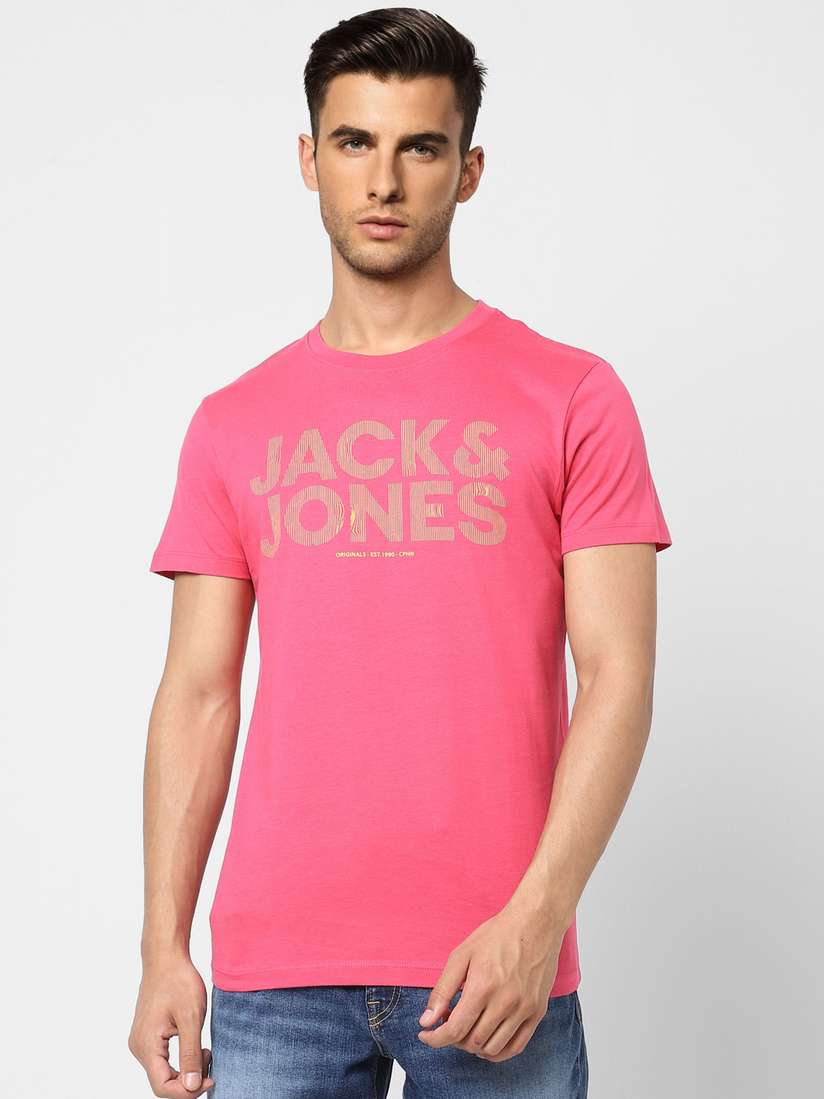 Buy Jack Jones Men Pink Brand Logo Printed Pure Cotton Slim Fit