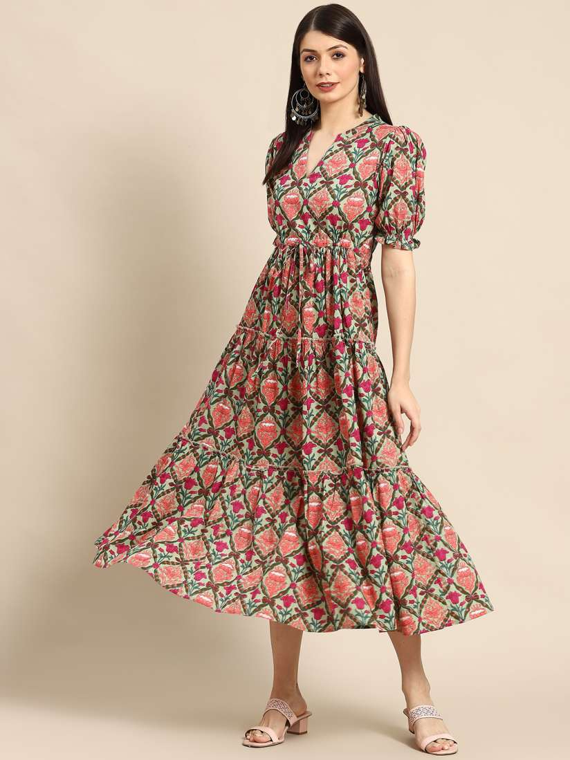 Buy anayna Green Pink Ethnic Motifs Printed Tiered Pure Cotton A Line Midi Dress Ethnic Dresses for Women 19351058 Myntra