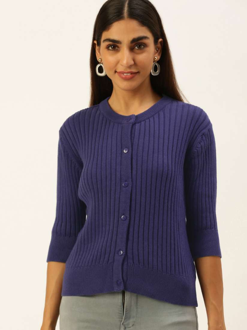 Buy FOREVER 21 Women Navy Blue Ribbed Pure Cotton Cardigan Sweaters for Women 19358502 Myntra