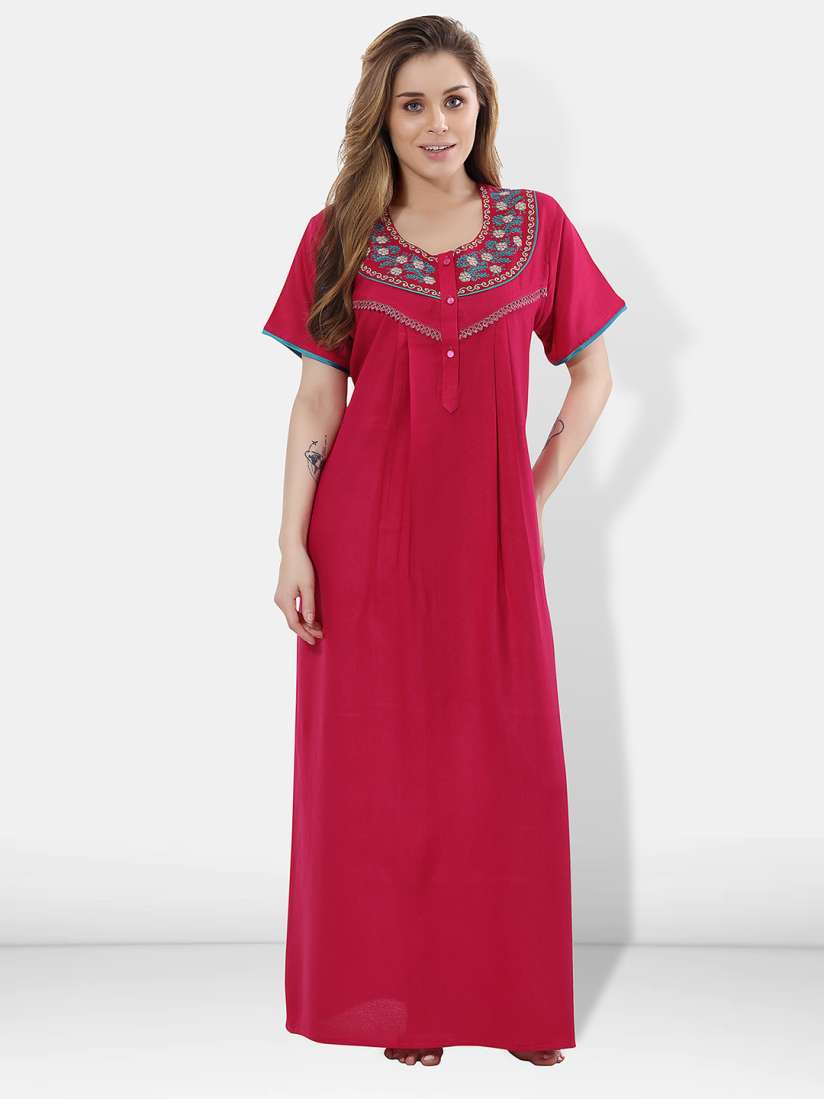 Buy Be You Women Pink Embroidered Maxi Nightdress Nightdress for Women 19367140 Myntra