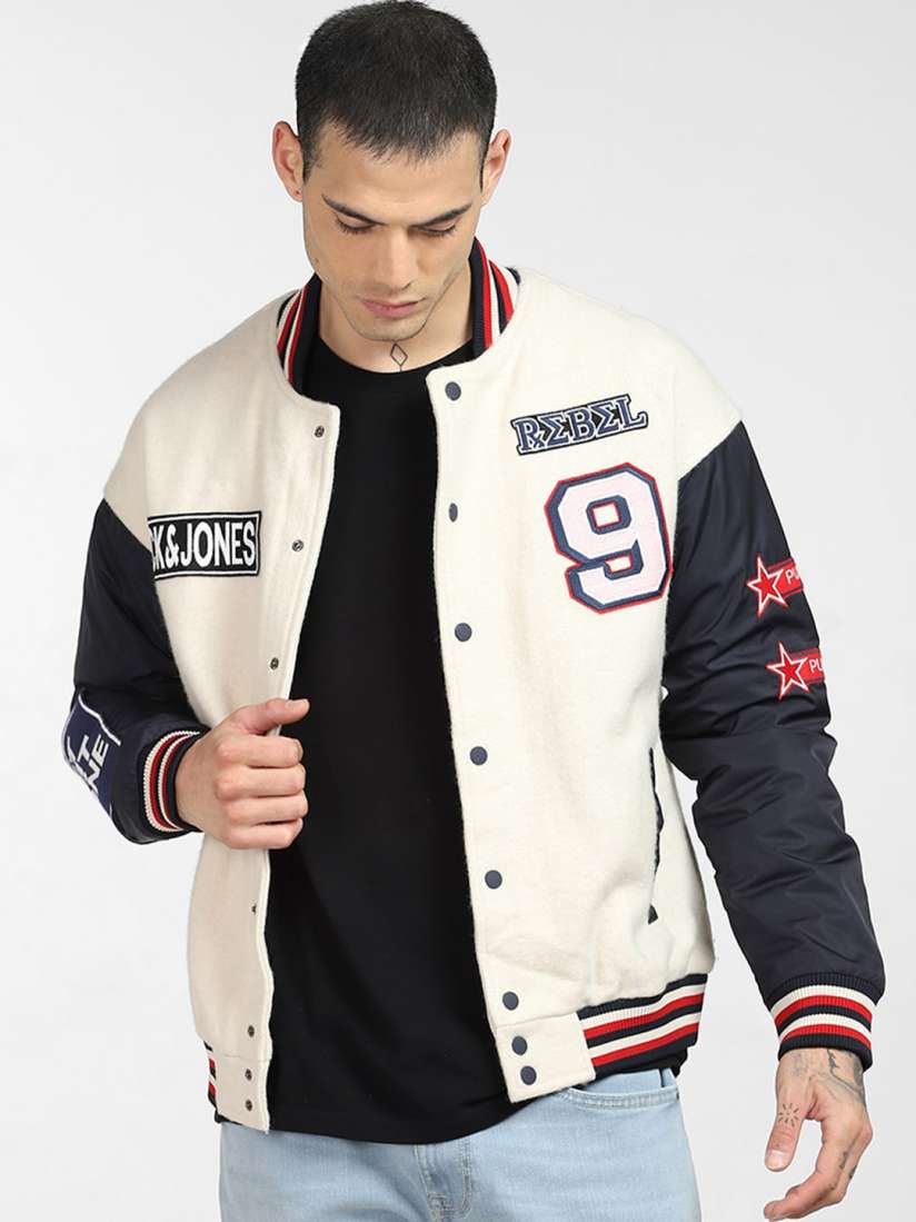 Buy Jack Jones Men White Varsity Jacket with Patchwork Jackets for Men 19376608 Myntra