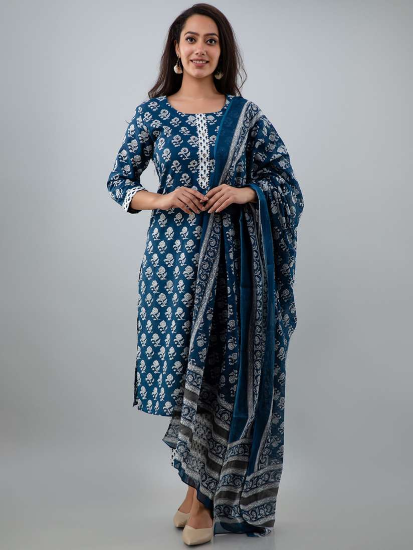 Buy JAIPURI COLLECTION Women Blue Ethnic Motifs Printed Pure Cotton Kurti with Trousers Kurta Sets for Women 19386122 Myntra