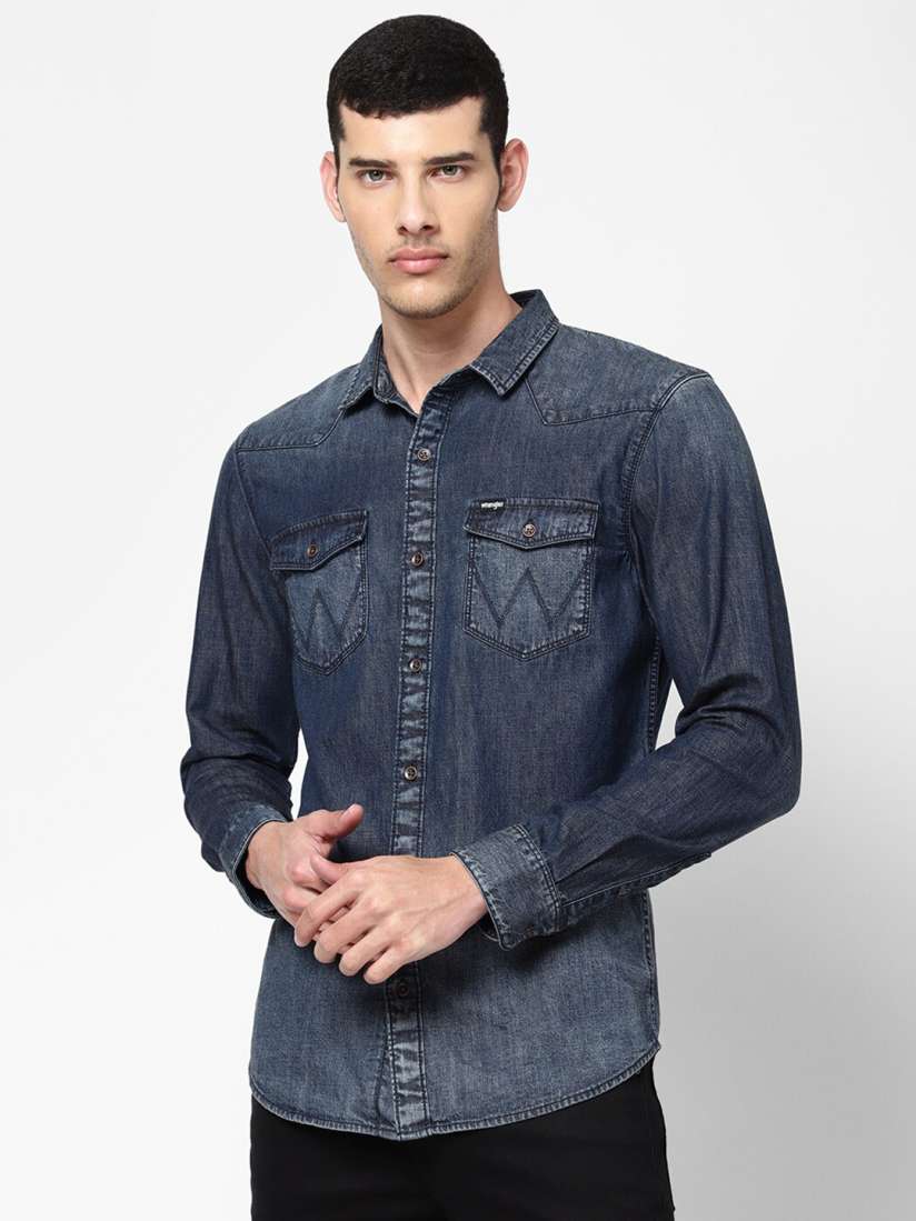 Buy Wrangler Men Navy Blue Faded Casual Denim Shirt Shirts for Men 19387710 Myntra
