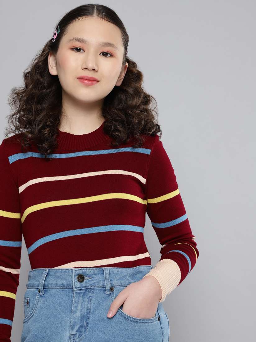 Buy M H Juniors Girls Burgundy Cream Coloured Striped Pullover Sweaters for Girls 19393016 Myntra