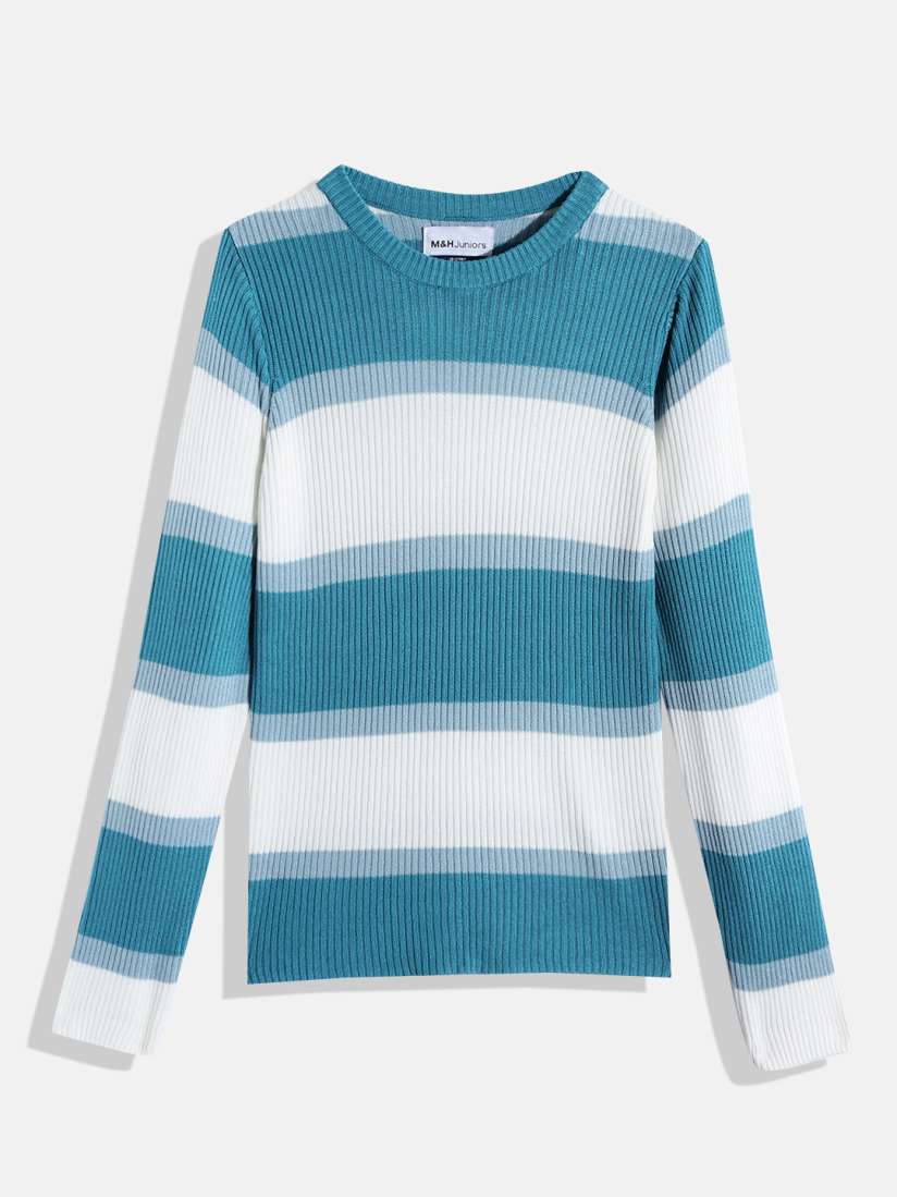Buy M H Juniors Girls White Blue Striped Pullover Sweaters for Girls 19393018 Myntra