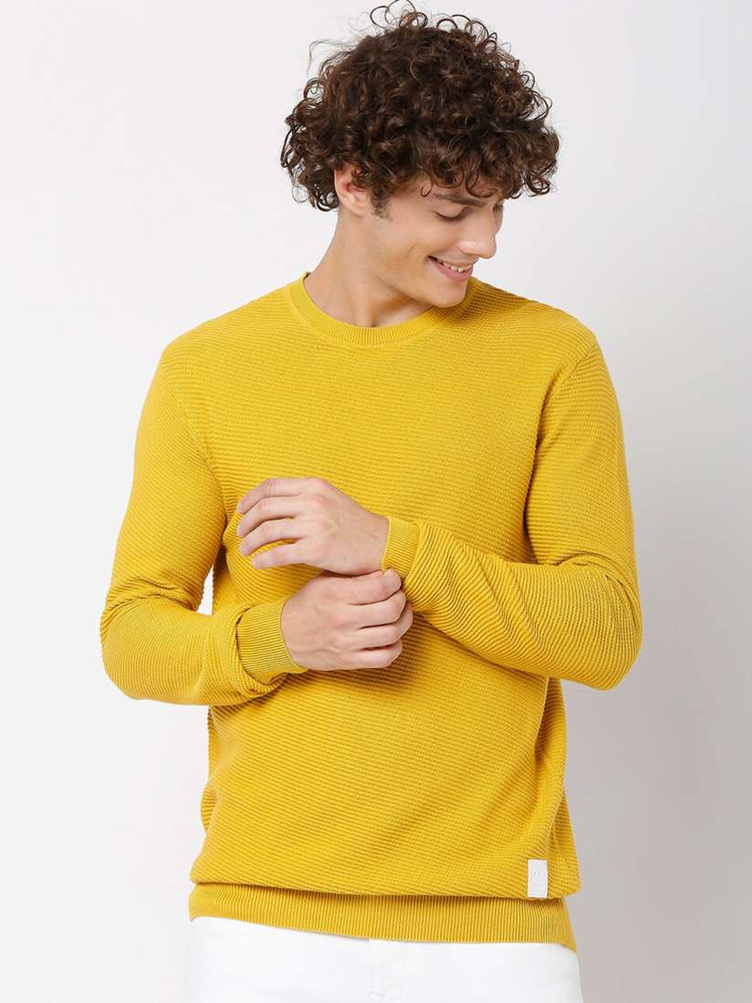 Buy Mufti Men Mustard Yellow Pure cotton Pullover Sweaters for Men 19403874 Myntra