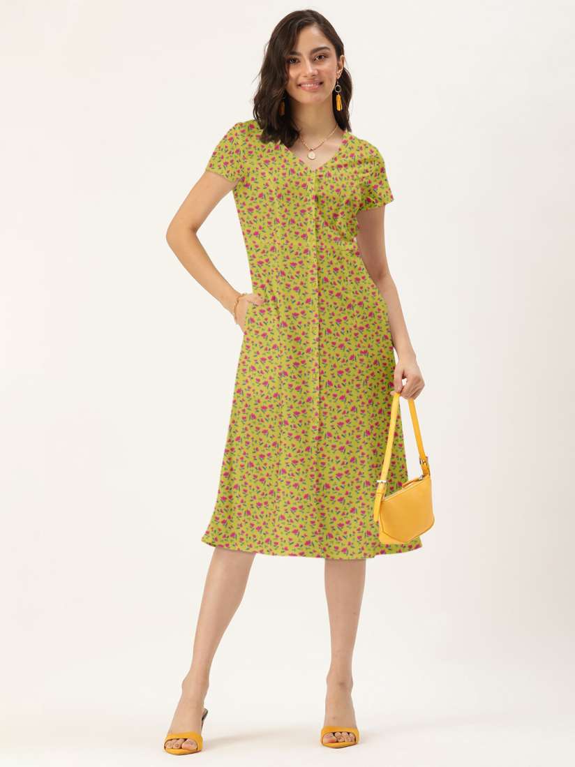 Buy DressBerry Yellow Printed Front Button Down Knee Length Dress Dresses for Women 19404864 Myntra