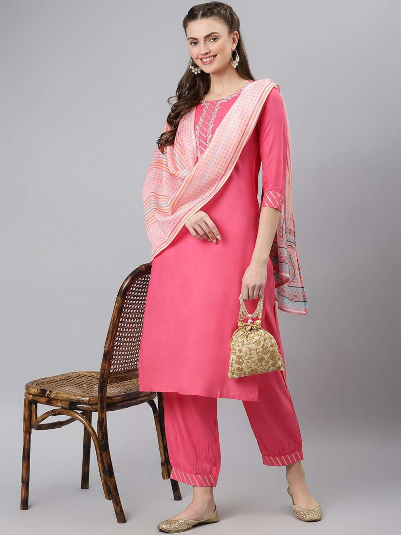 Buy Khushal K Women Pink Yoke Design Kurti with Trouser Dupatta Kurta Sets for Women 19407348 Myntra