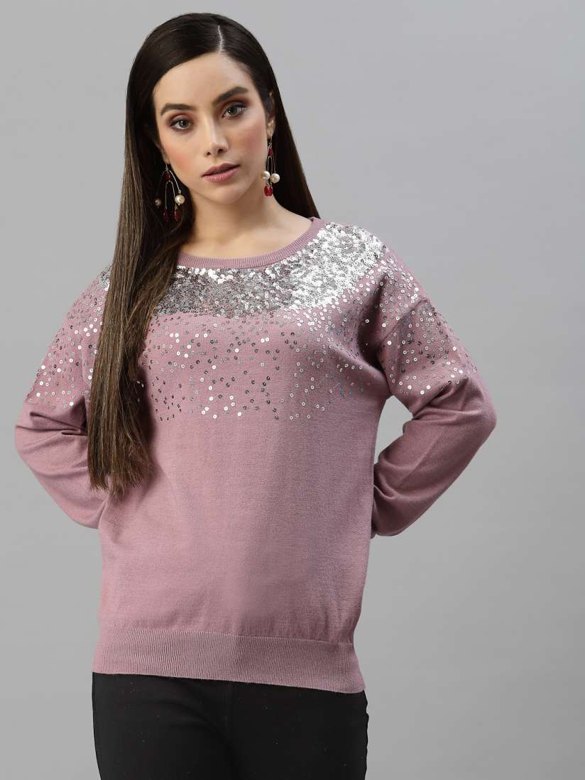 Buy Mafadeny Women Mauve Embroidered Sweater with Embellished Detail Sweaters for Women 19408048 Myntra