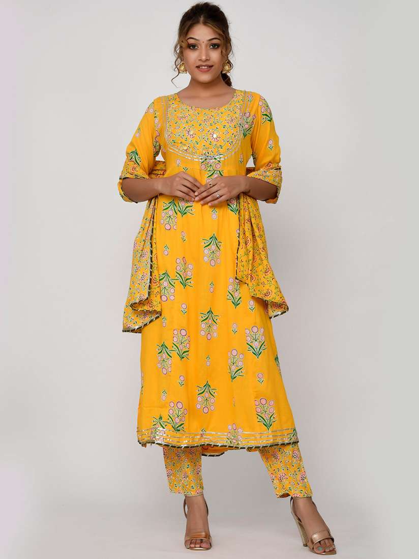 Buy Kesarya Women Yellow Floral Embroidered Layered Mirror Work Kurti with Trousers With Dupatta Kurta Sets for Women 19410834 Myntra