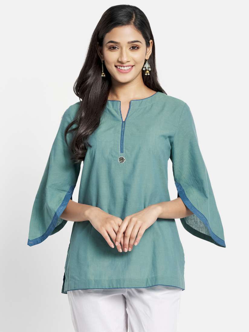 Buy Fabindia Teal Blue Solid Pure Cotton Kurti Kurtis for Women 19412606 Myntra