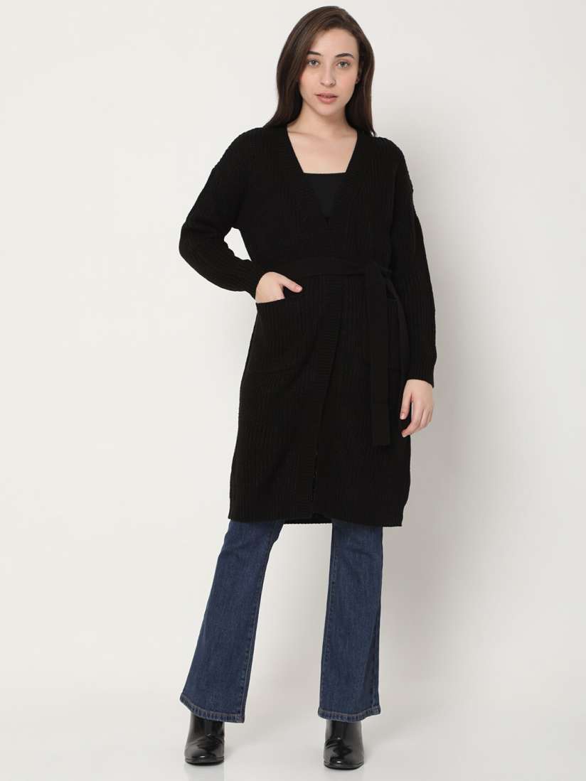 Buy Vero Moda Women Black Longline Belted Coatigan Sweaters for Women 19413552 Myntra
