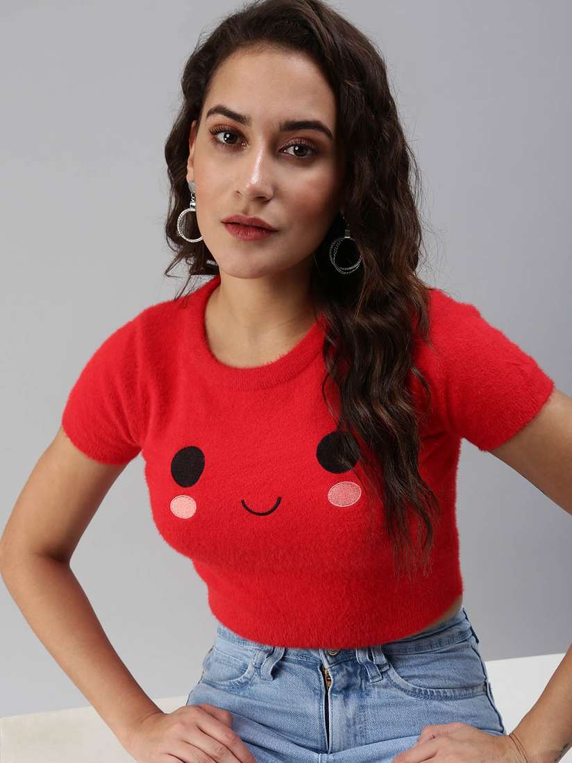 Buy SHOWOFF Red Graphic Print Crop Top Tops for Women 19418486