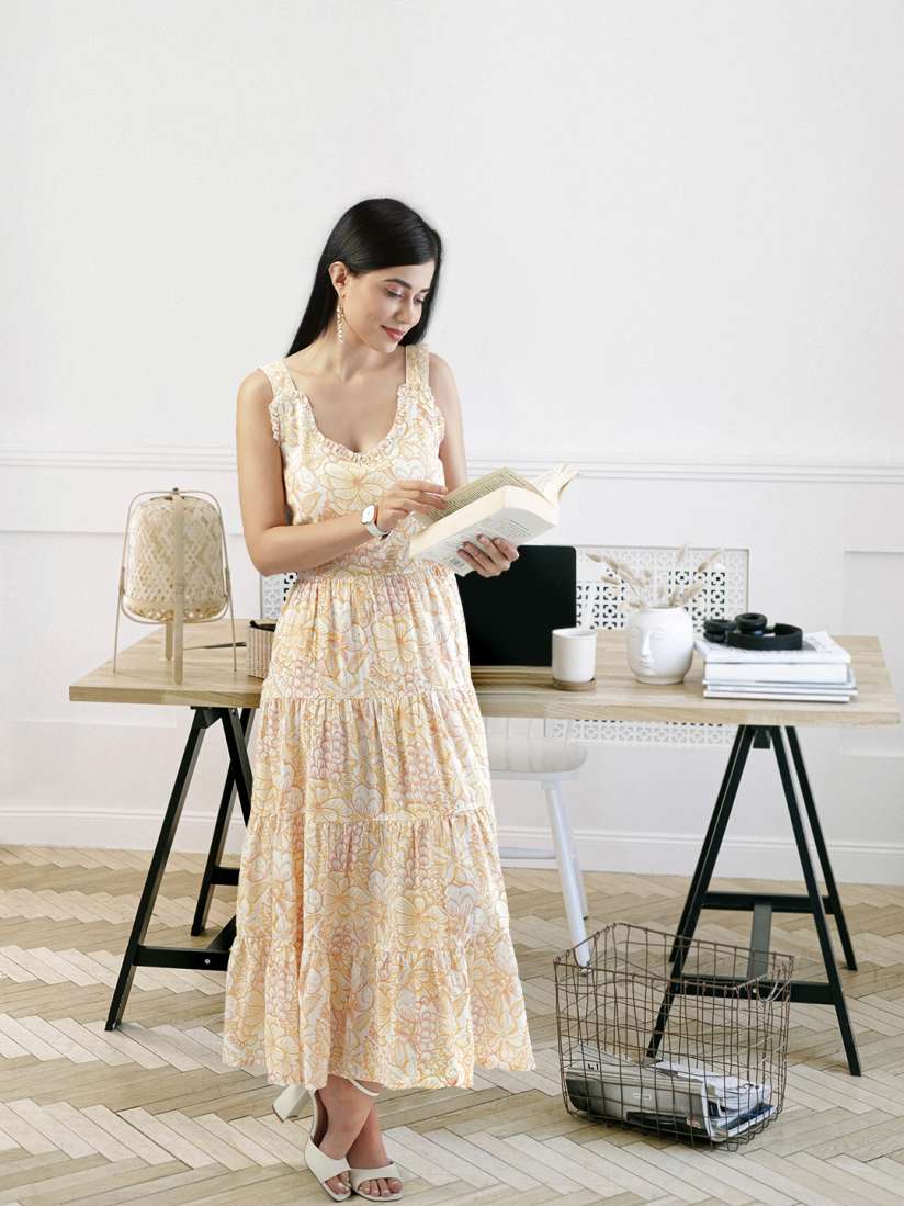 Buy Fabindia Yellow Off White Floral Print Tiered Pure Cotton A Line Midi Dress Dresses for Women 19426270 Myntra