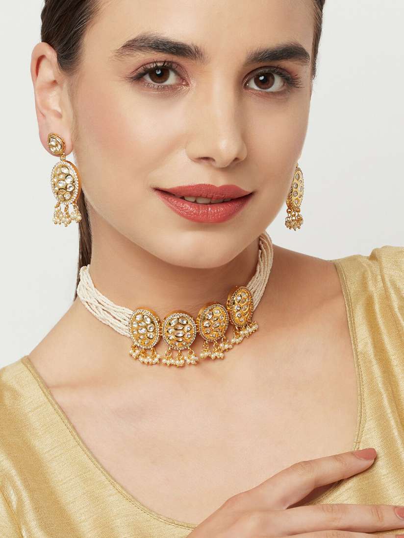Buy Voylla Gold Plated White Stone Studded Pearl Beaded Jewellery Set Jewellery Set for Women 19434162 Myntra