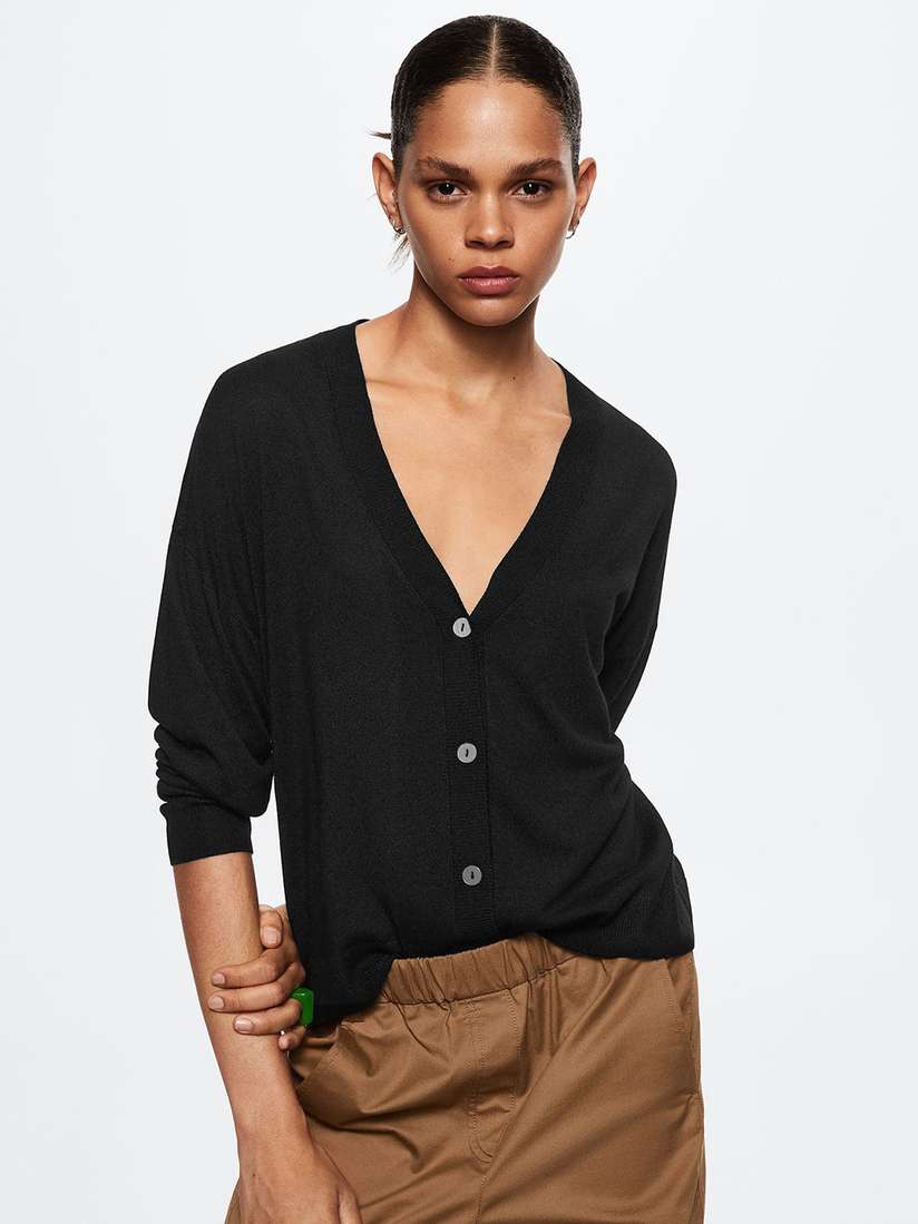 V Neck Plain Black Cardigan Womens MONTE CARLO Women Solid V-Neck