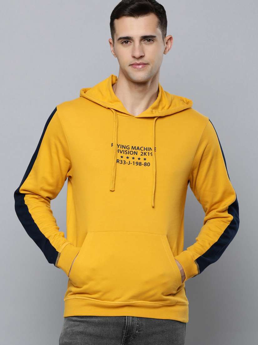 Buy Flying Machine Men Mustard Yellow Brand Logo Printed Pure Cotton Hooded Sweatshirt Sweatshirts for Men 19458580 Myntra