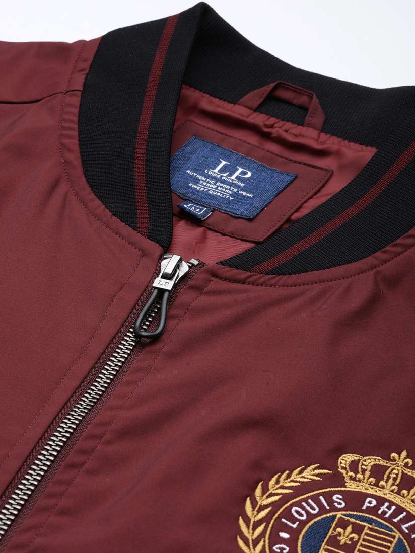 Buy Louis Philippe Sport Men Maroon Black Solid Varsity Jacket with Embroidered Logo Jackets for Men 19460850 Myntra