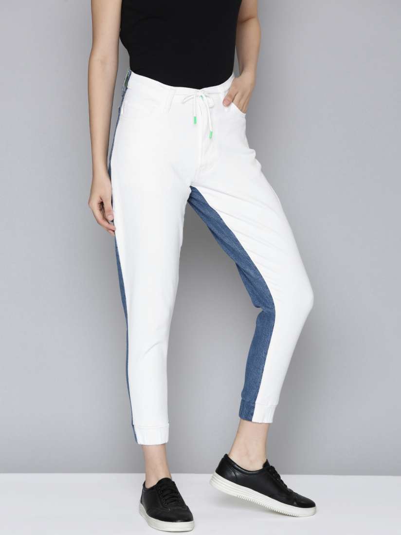 Buy Levis Women White Blue Colourblocked 501 Straight Fit Woven Jogger Trousers Trousers for Women 19469258 Myntra