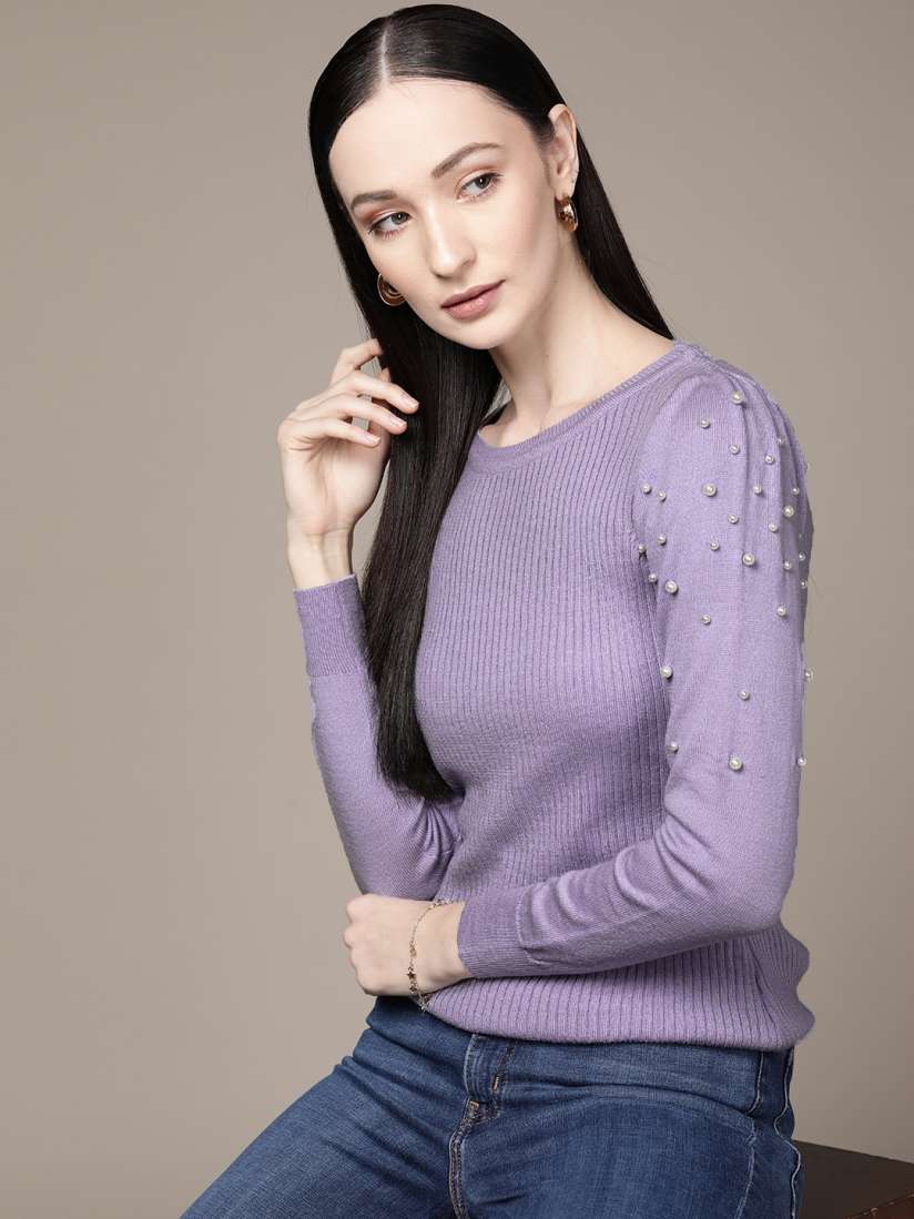 Buy bebe Women Lavender All Day Ribbed Sweater with Embellished Detail Sweaters for Women 19485034 Myntra