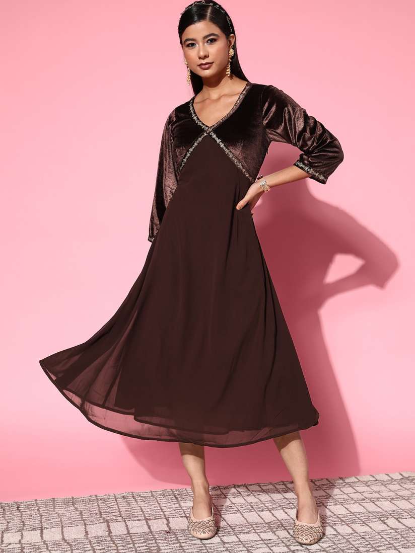 Buy Shae by SASSAFRAS Women Brown Solid Velvet Dress Ethnic Dresses for Women 19489190 Myntra