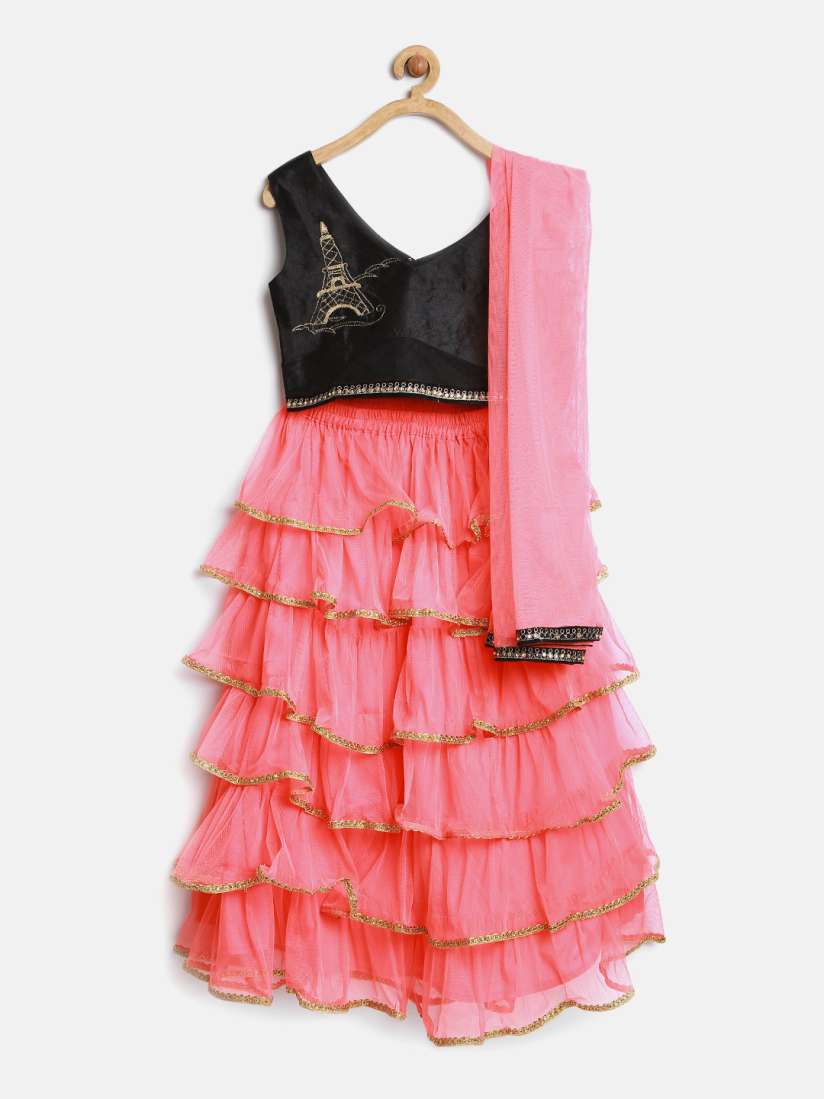 Buy K U Girls Pink Black Tiered Net Lehenga Choli with Dupatta Lehenga Choli for Girls 1949217 Myntra