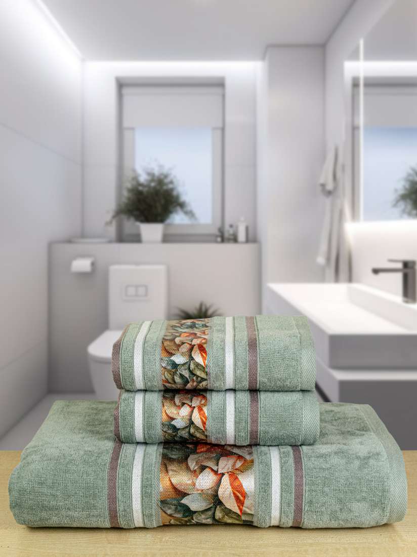 Buy RANGOLI Oriental Set of 3 Green 100 Cotton Towel Set Towel Set for Unisex 19517562 Myntra