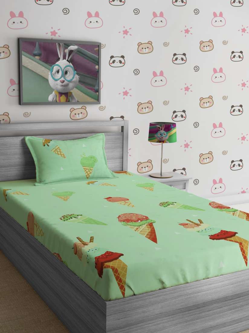 Buy SOKNACK Unisex Kids Green 280 TC Ice Cream Print Single Bedsheet With Pillow Covers Bedsheets for Unisex Kids 19521304 Myntra
