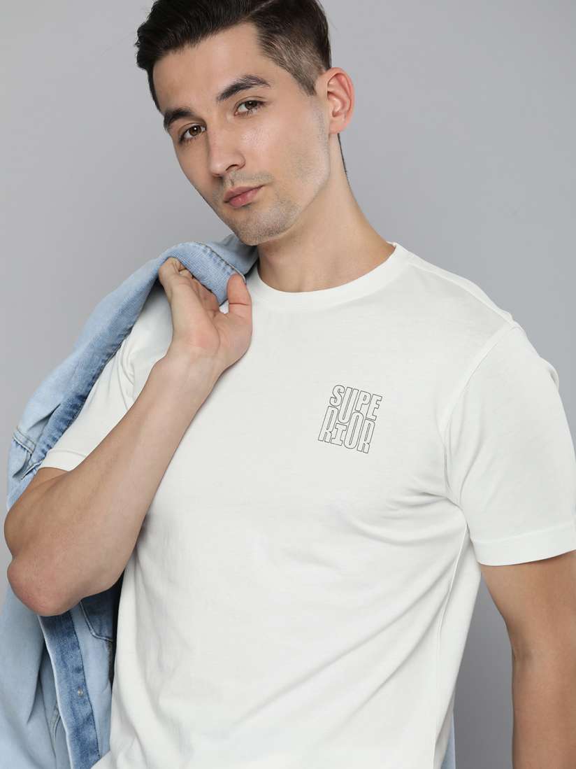 Buy HERE NOW Men Off White Pure Cotton Round Neck T shirt Tshirts for Men 19525518 Myntra