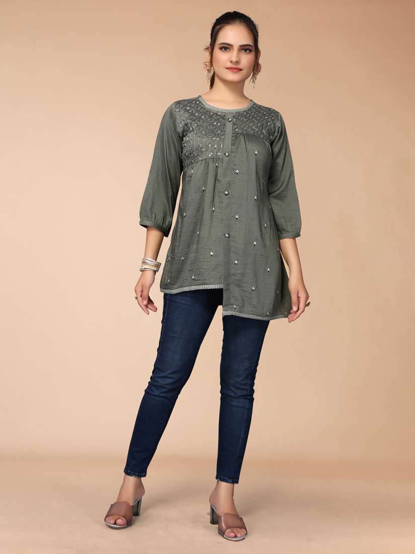 Buy KALINI Olive Green Embellished Bishop Sleeves High Low Top Tops for Women 19530300 Myntra