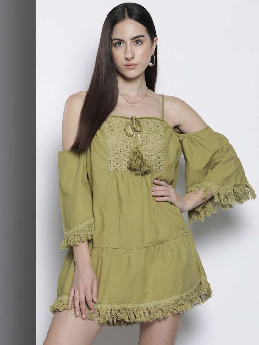Buy Trendyol Cold Shoulder Straps Tassel Detail A Line Cotton Dress Dresses for Women 19531688 Myntra