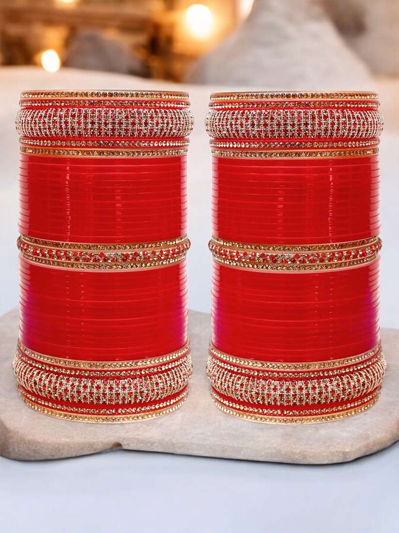 Buy LUCKY JEWELLERY Red Stone Studded 2 Punjabi Chura Bridal Wedding Bangle Set Bangle for Women 19536096 Myntra