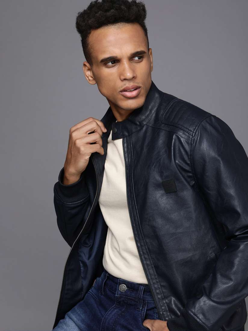 Buy WROGN Men Navy Blue Solid Biker Jacket Jackets for Men 19547294 Myntra