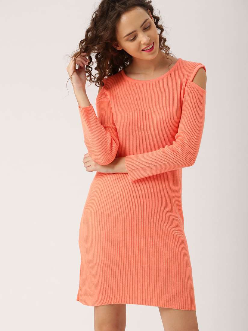 Buy DressBerry Women Coral Orange Cold Shoulder Sweater Dress Dresses for Women 1955663 Myntra